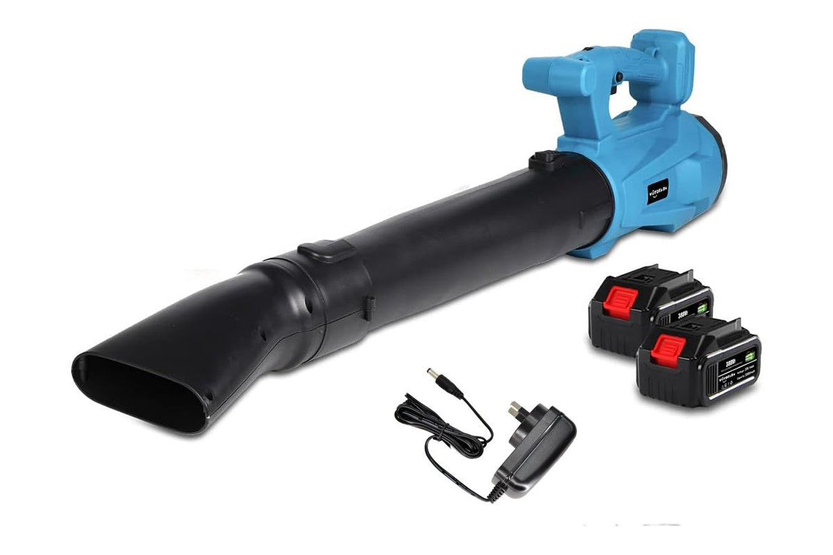 Top angle of cordless leaf blower highlighting air duct attachment