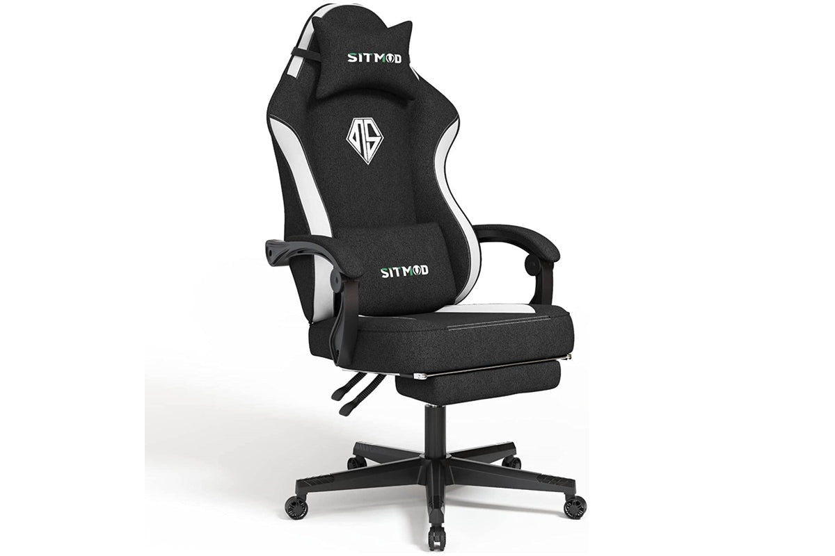 Side angle of gaming chair showing adjustable headrest