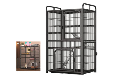 Side angle of cat enclosure cage with ladder and raised platform