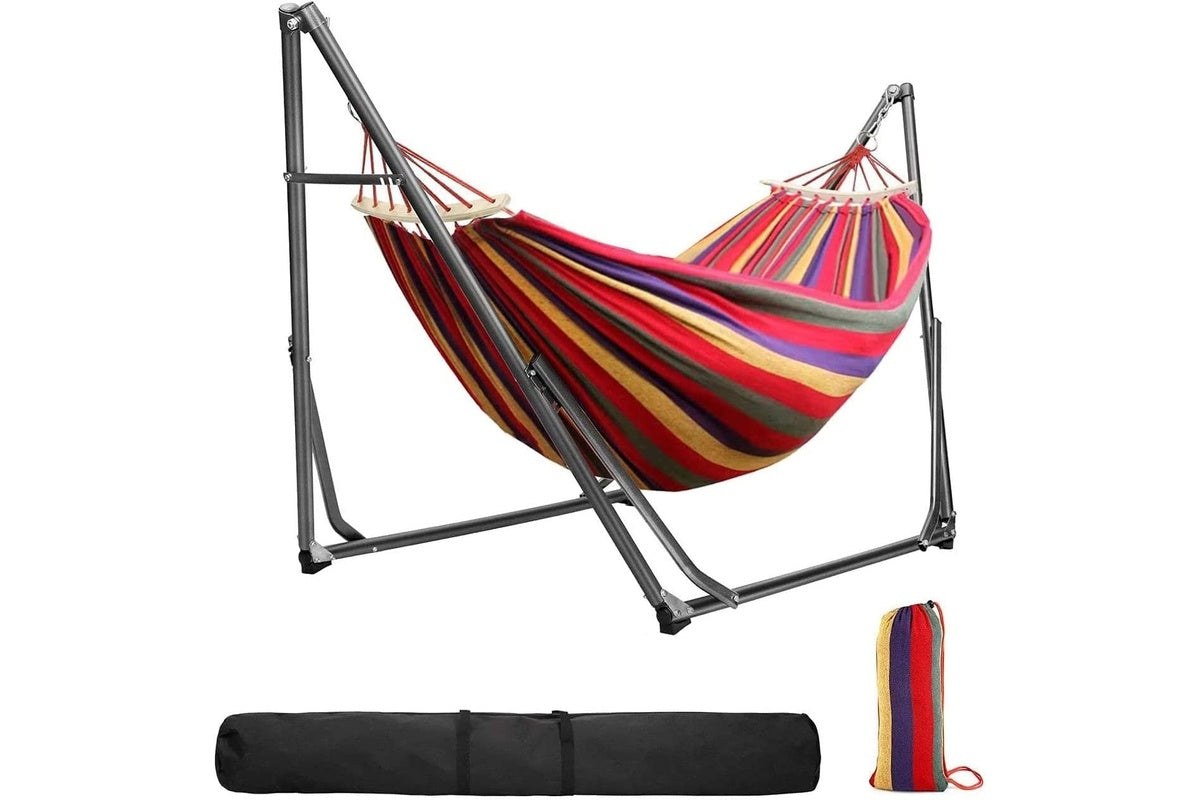 Side view of garden hammock chair swing showing steel stand design