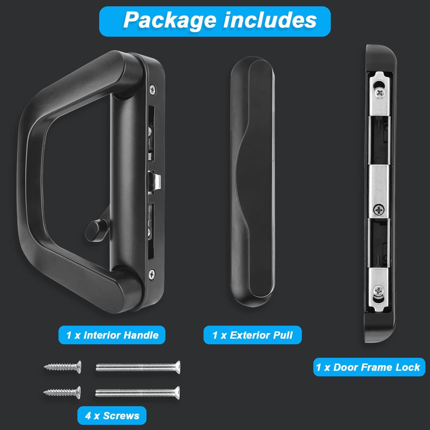 Black sliding door handle with included screws and lock