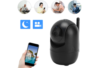 Side angle of indoor WiFi security camera in white plastic case