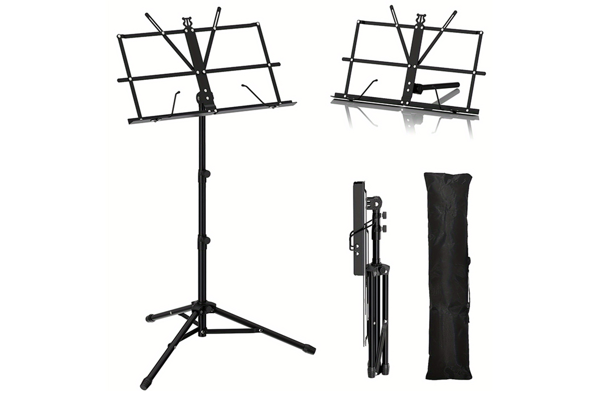 Black metal music stand tripod folded for storage