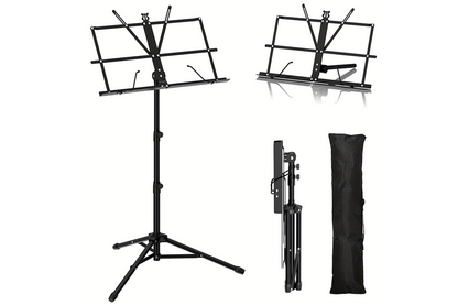 Black metal music stand tripod folded for storage