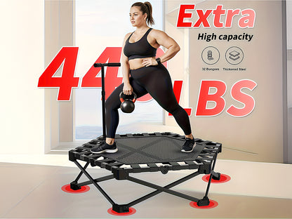 User jumping on black fitness trampoline rebounder indoors