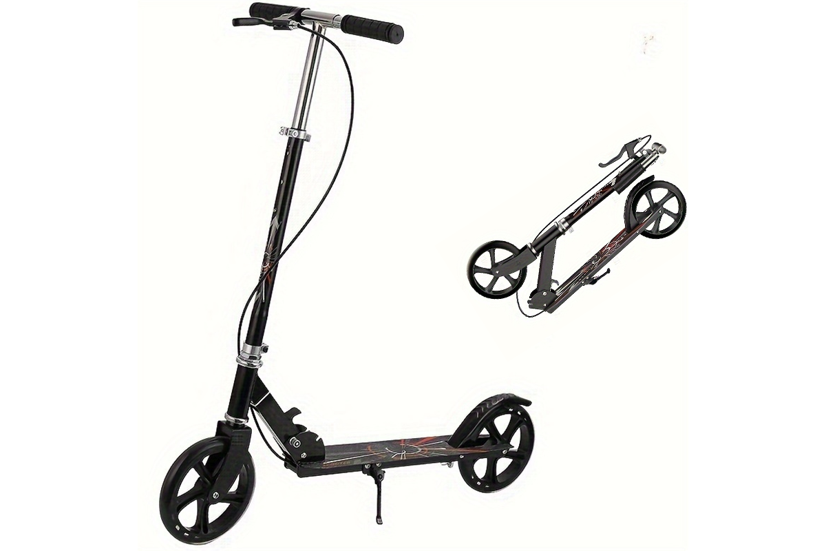 Folded kids scooter height adjustable showing compact size
