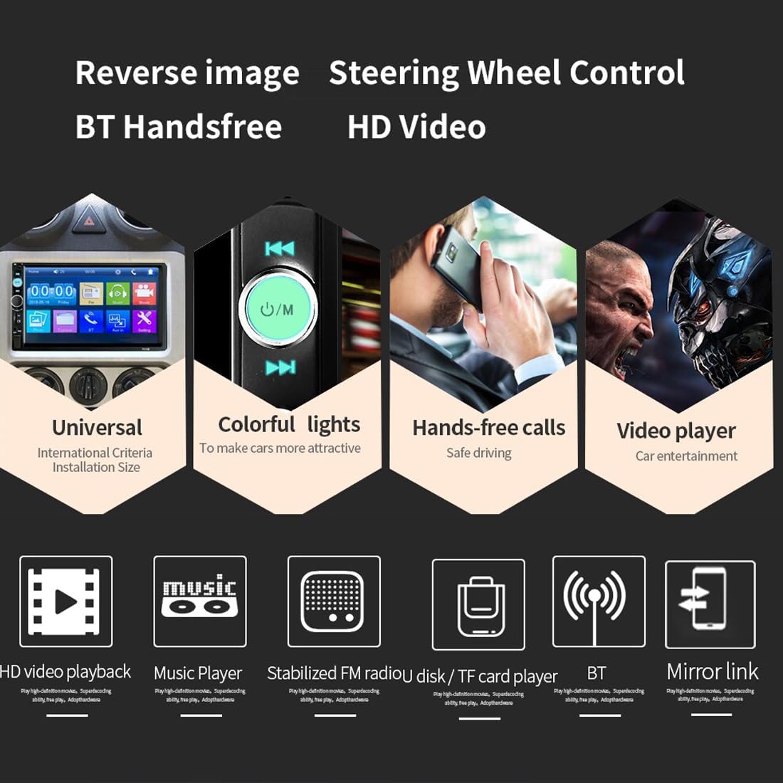 Car Stereo 2 DIN Bluetooth showing Mirror Link connection with smartphone