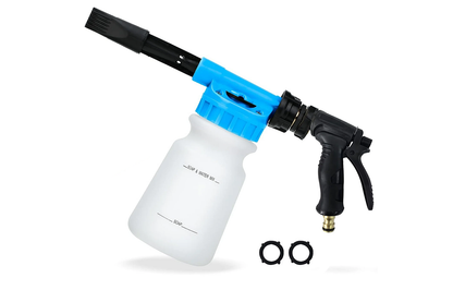 Close up of car foam washer ABS nozzle in blue