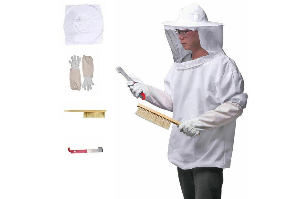 Close up of beekeeping suit large white sting-resistant fabric