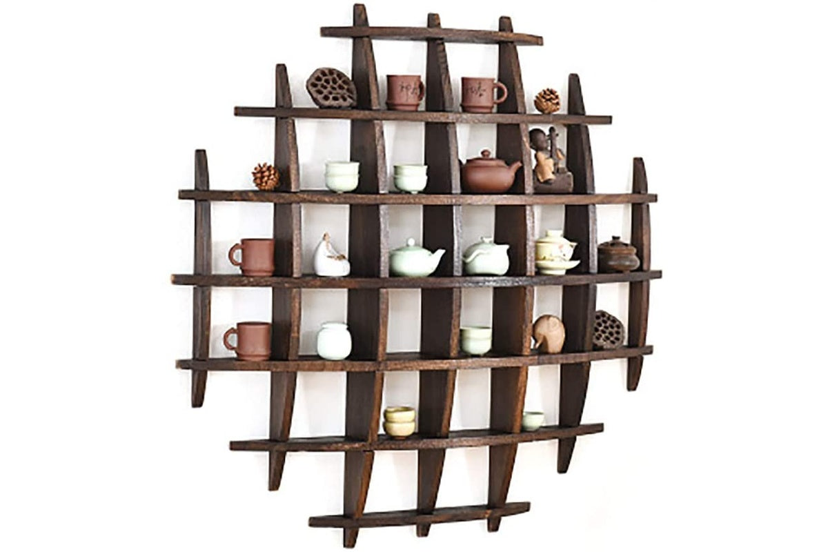Side view of vintage wall shelf showing curved surface design