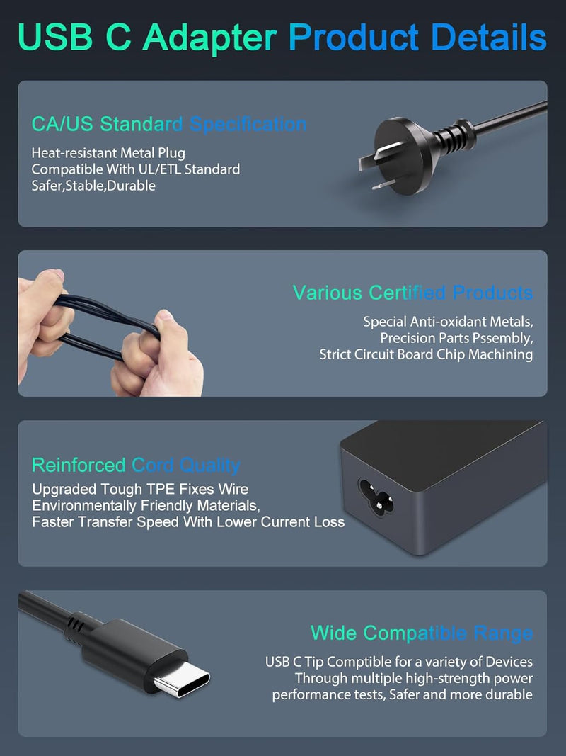 65W Lenovo Laptop Charger Type C for Lenovo Yoga and ThinkPad Series Replacement USB C Lenovo Laptop Charger 65W