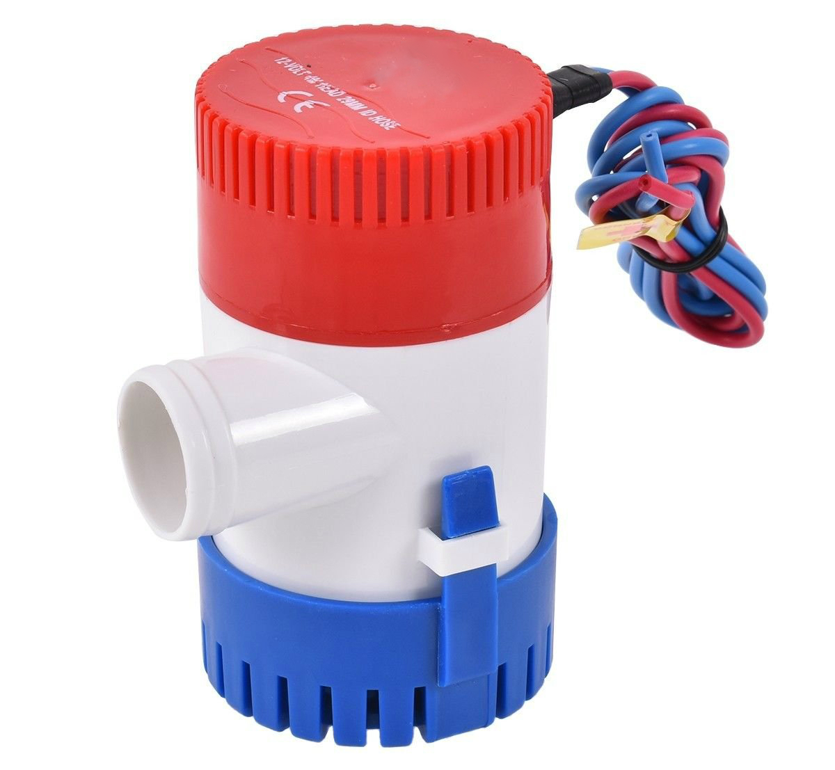 Top angle of bilge pump 12V 500gph showing wiring and outlet
