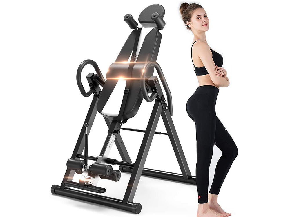 Inversion table black and white colour scheme with sturdy frame