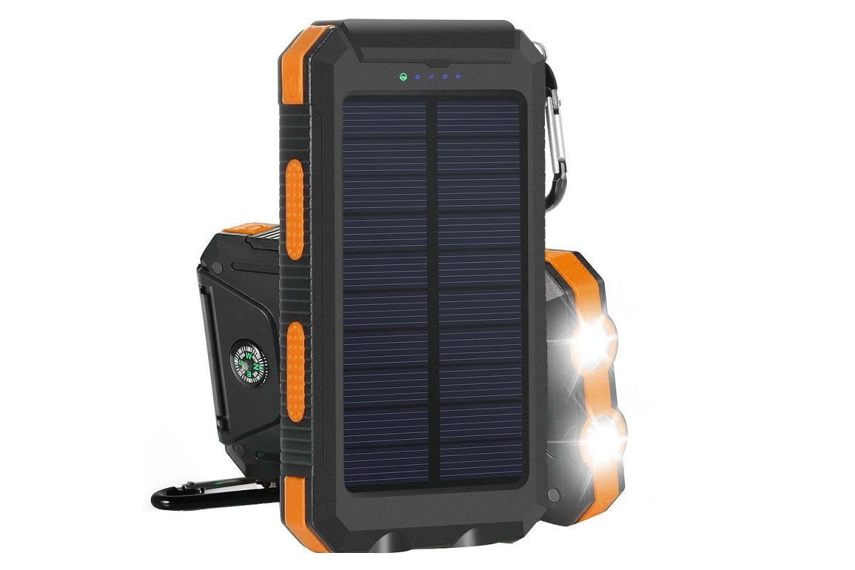 Top view of solar charger with dual USB ports visible