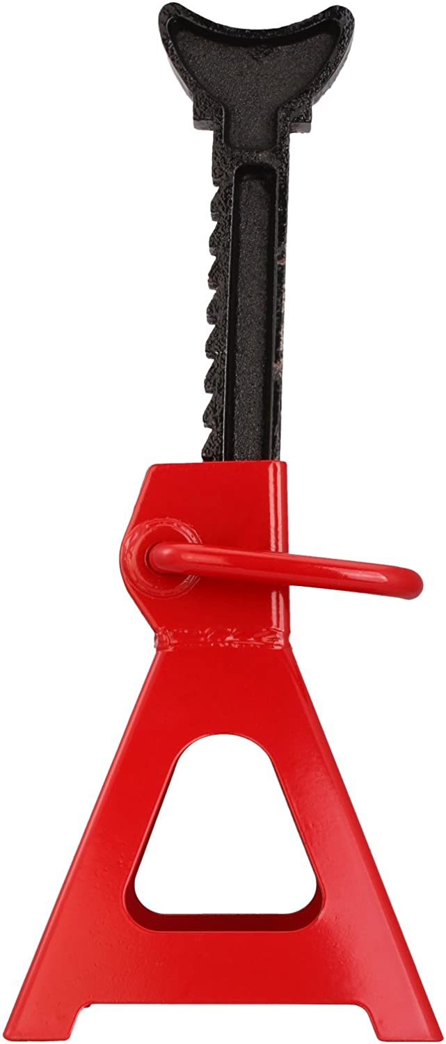 Axle stand pair supporting vehicle safely on concrete