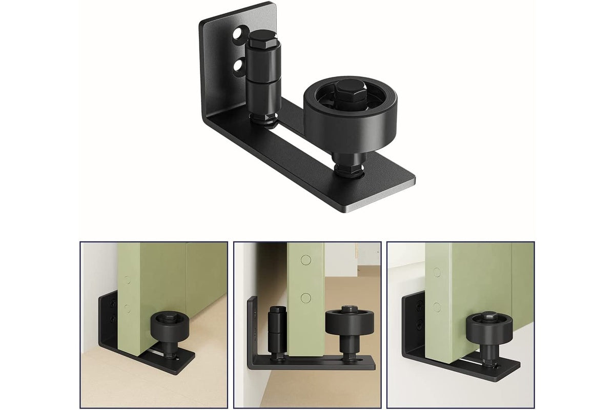 Side view of sliding barn door hardware bottom roller showing frosted finish