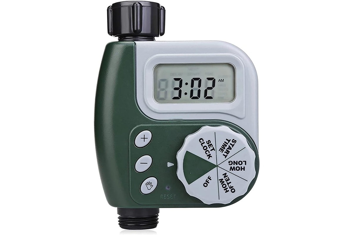 Green and yellow water irrigation timer with rain delay feature