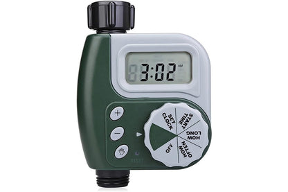 Green and yellow water irrigation timer with rain delay feature