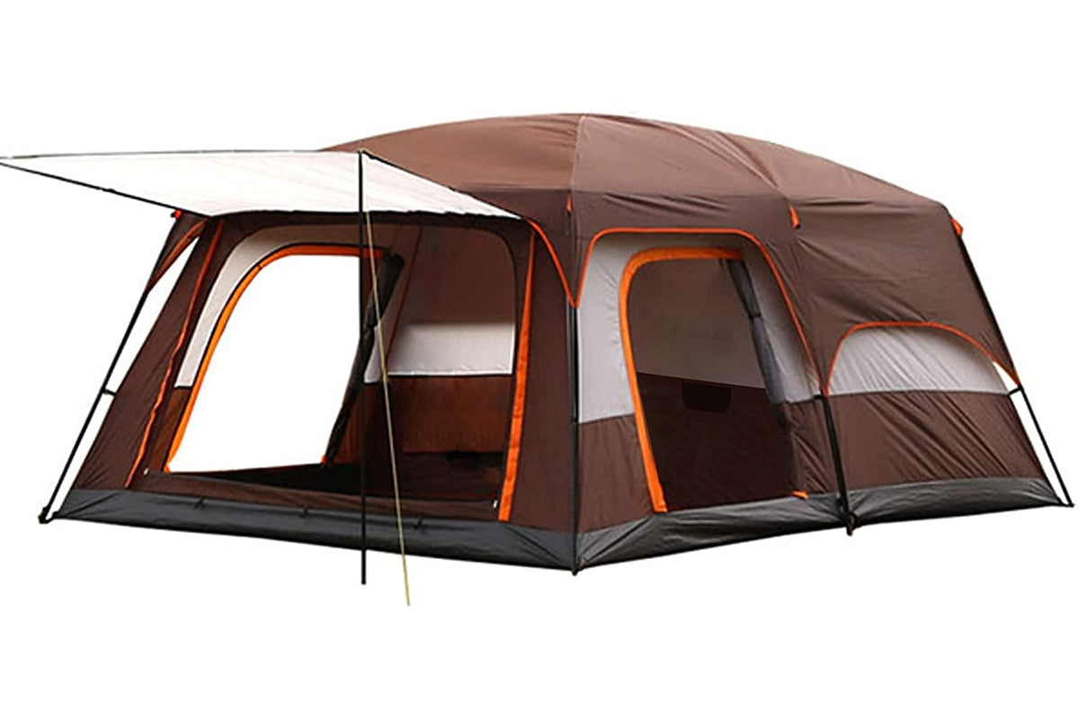 Side angle of camping tent 10 person showing double layer fabric