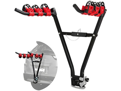 Side view of bike rack mounted on a car tow bar
