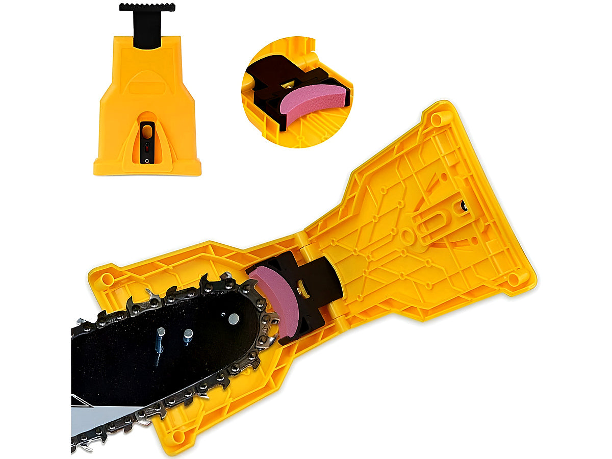 Close up of whetstone on chainsaw chain sharpener