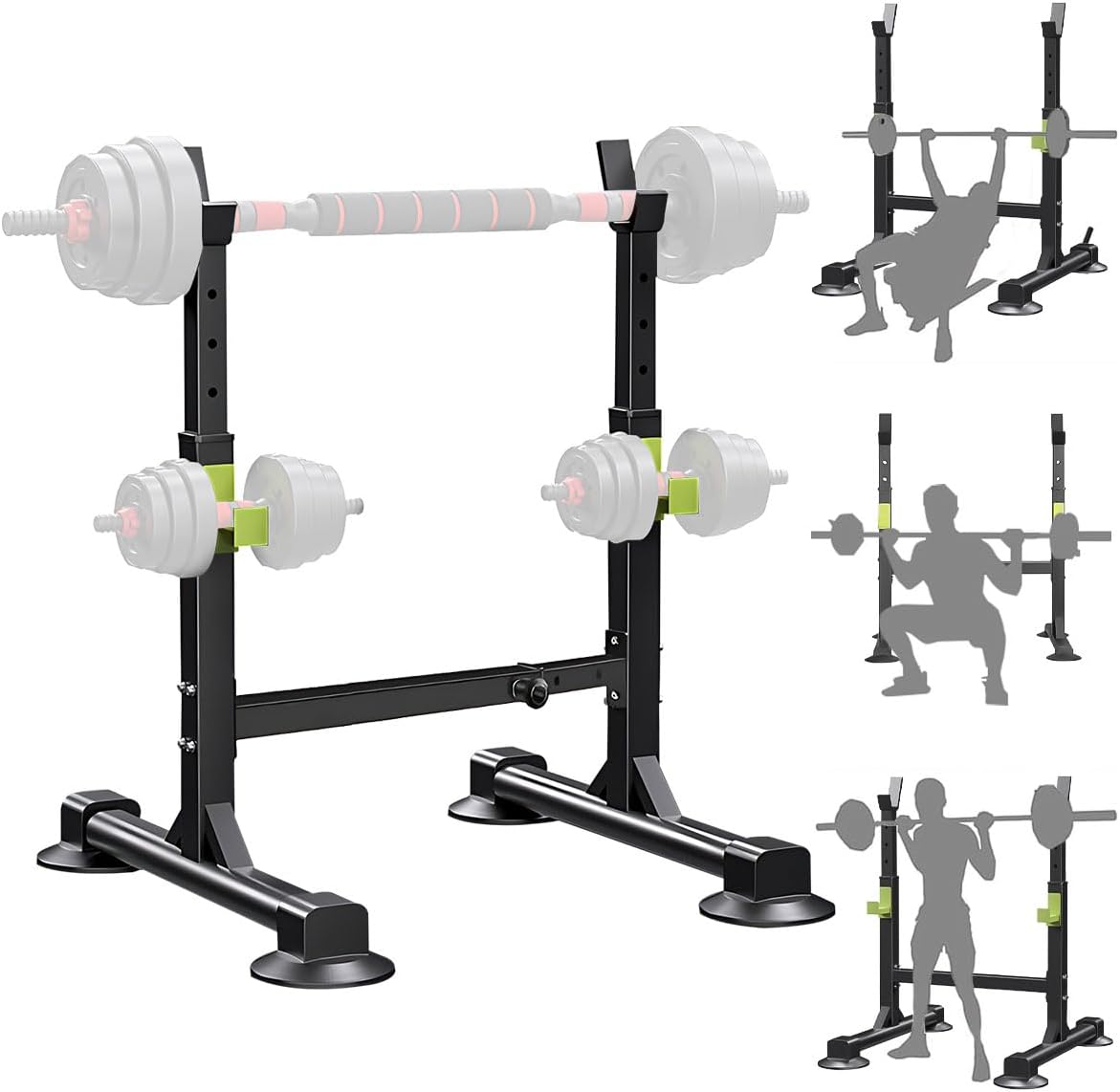 Adjustable squat rack stand showing H-shaped stable base