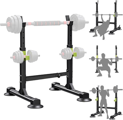 Adjustable squat rack stand showing H-shaped stable base