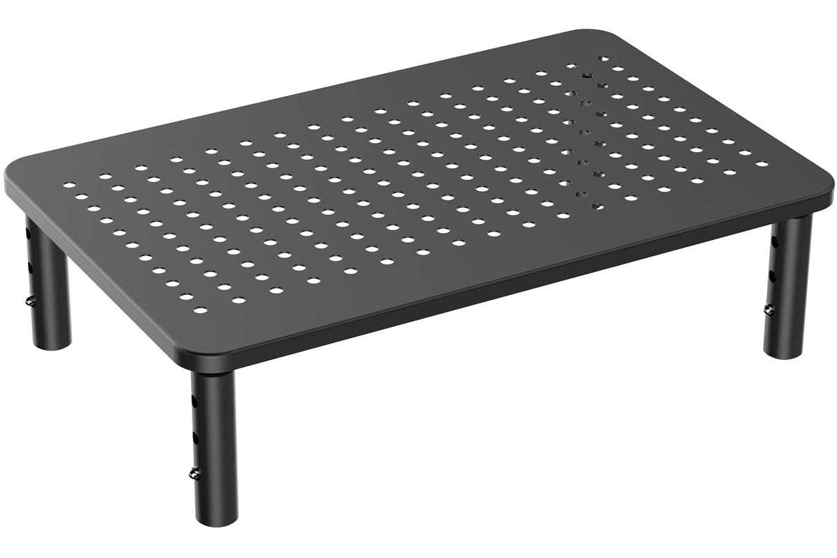 Side angle of computer monitor screen stand riser showing height adjustment