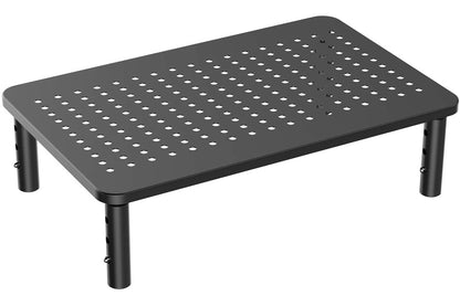 Side angle of computer monitor screen stand riser showing height adjustment