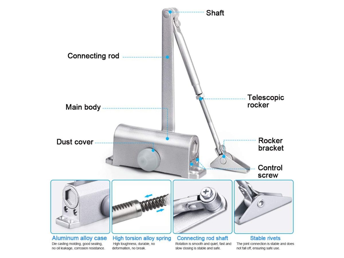 Top angle of automatic door closer reversible showing mounting holes