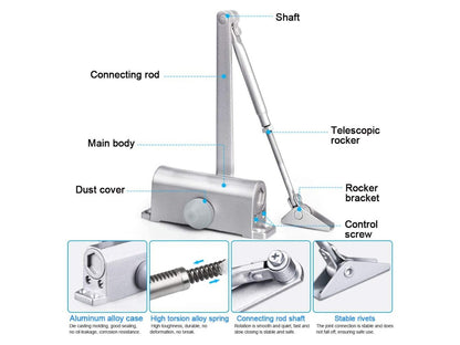 Top angle of automatic door closer reversible showing mounting holes
