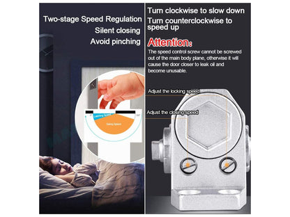 Automatic door closer reversible demonstrating smooth closing action