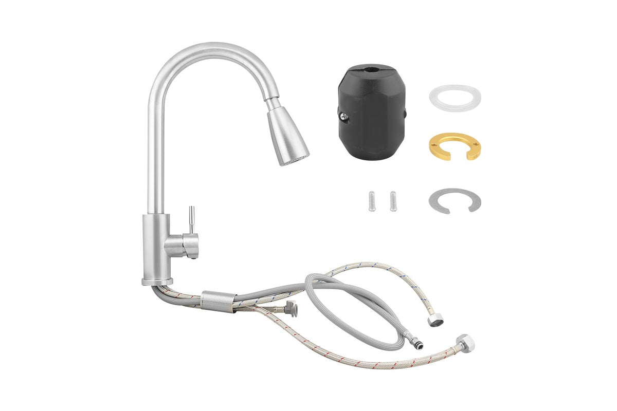 Close-up of stainless steel kitchen sink mixer tap handle