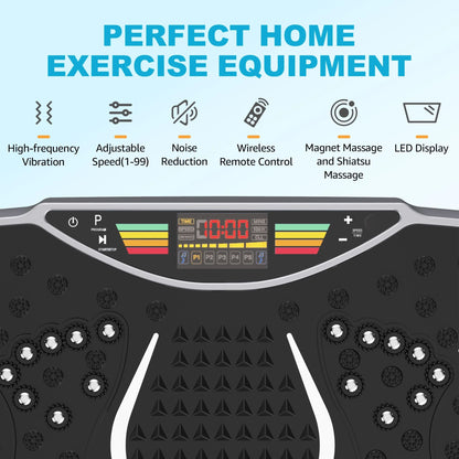 User standing on vibration plate exercise machine during workout