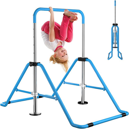 Gymnastic training bar set up indoors in a home exercise room
