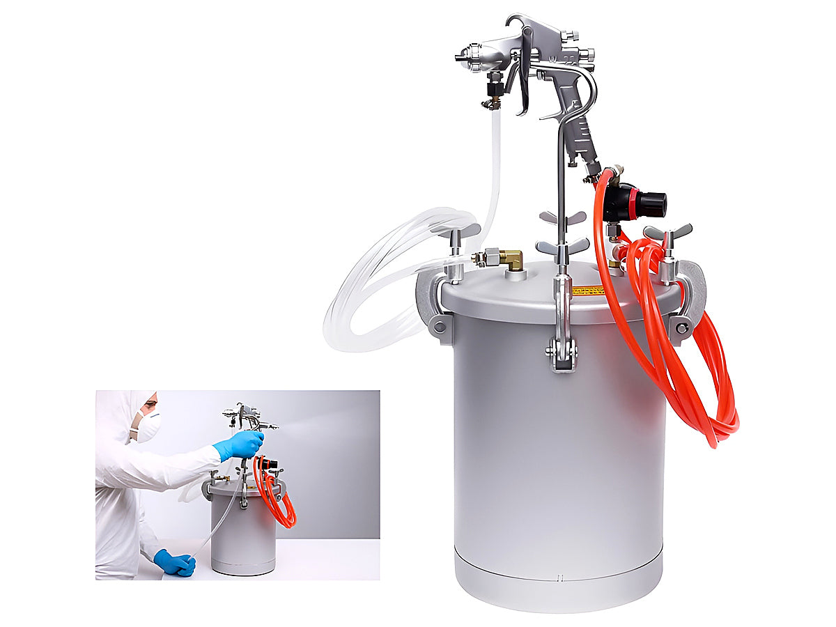 Close-up of aluminium sprayer nozzle on 15L paint pressure tank