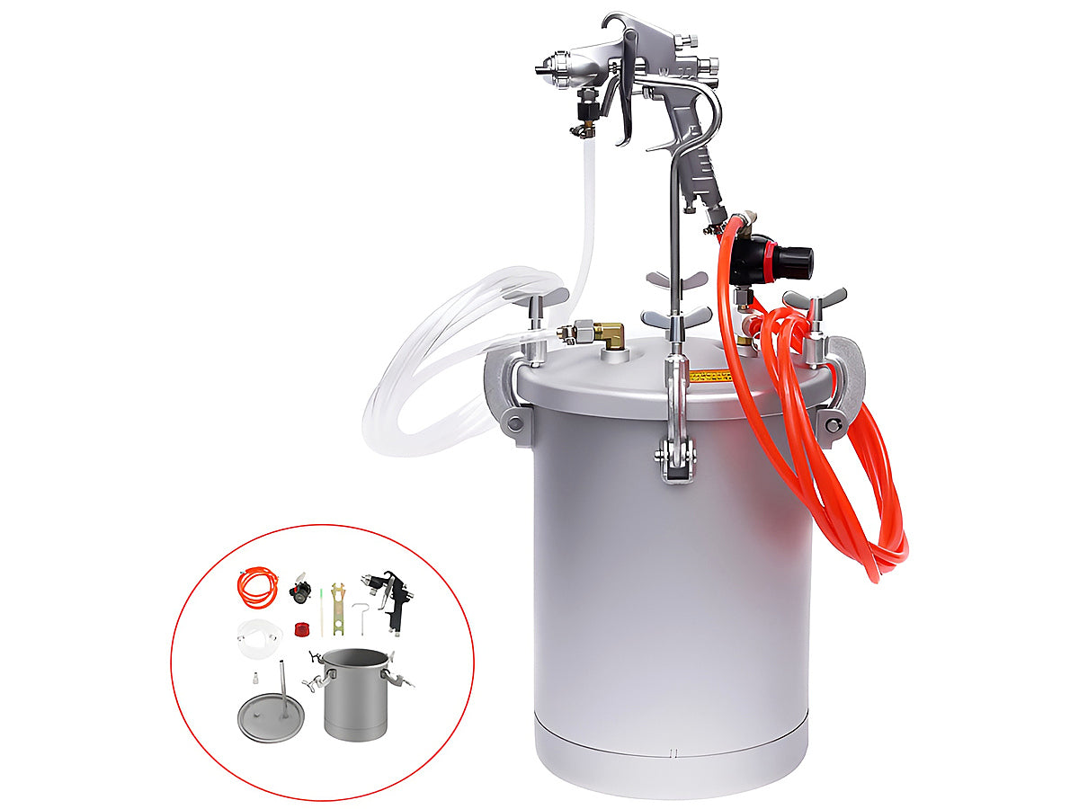 Paint pressure tank 15L with red air hose and white paint hose attached