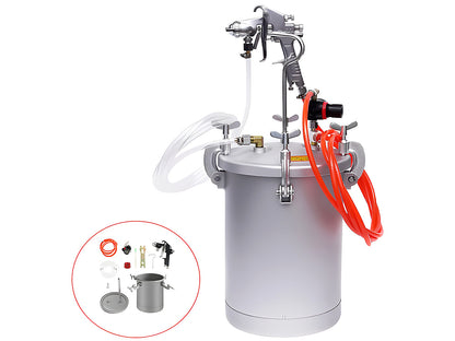 Paint pressure tank 15L with red air hose and white paint hose attached