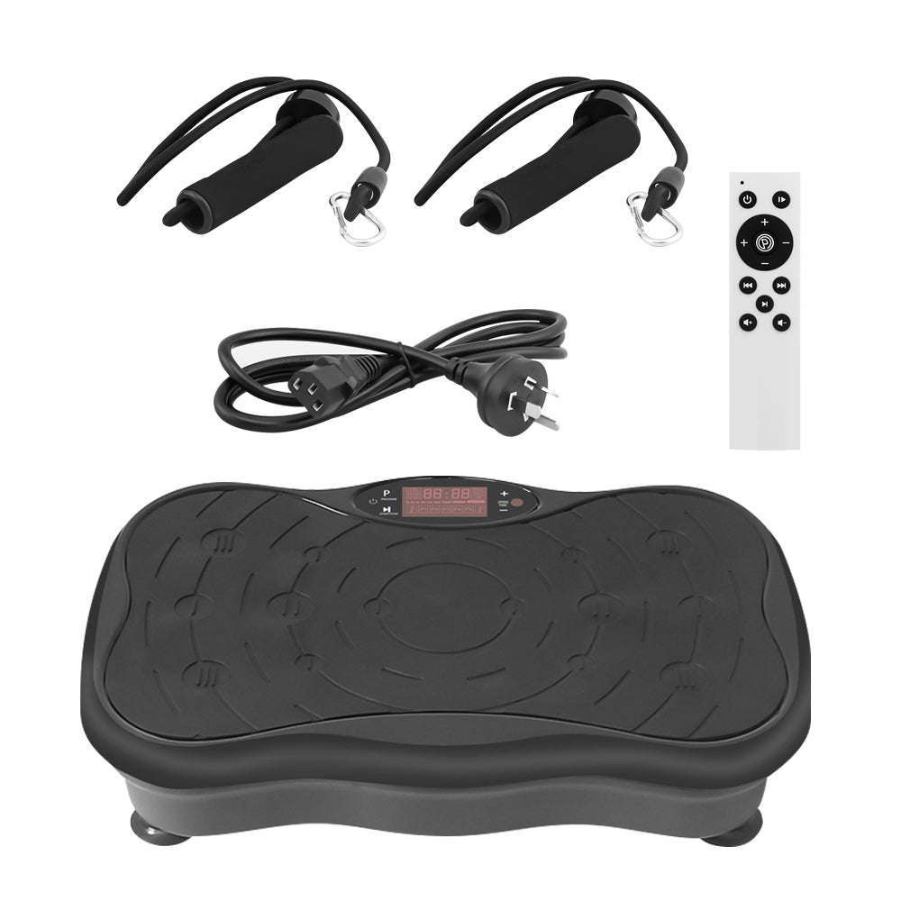 Vibration plate with resistance bands attached for strength training