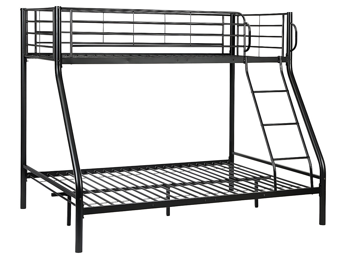 Close-up of black iron tube frame on bunk bed triple