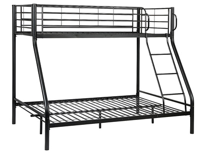 Close-up of black iron tube frame on bunk bed triple