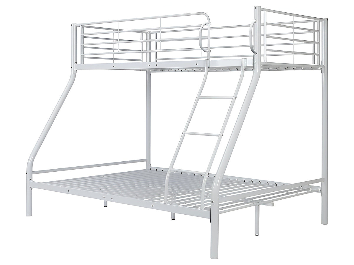 Side angle of metal triple bunk bed with sturdy ladder