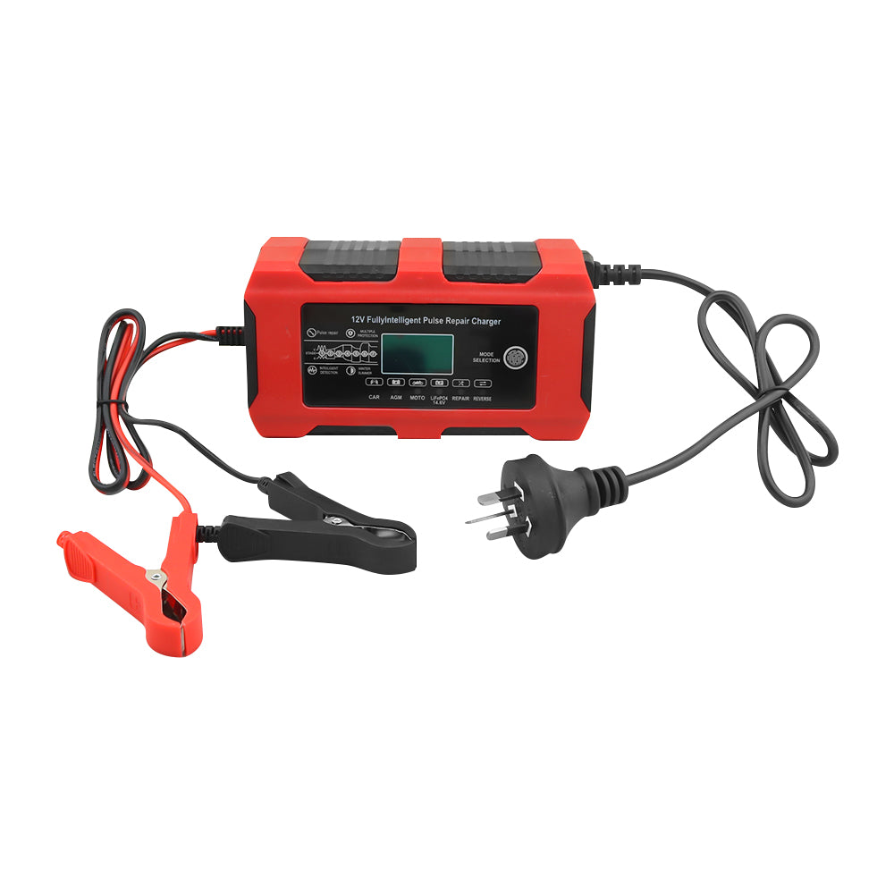 Top view of compact car battery charger 12V 6A with cooling fan
