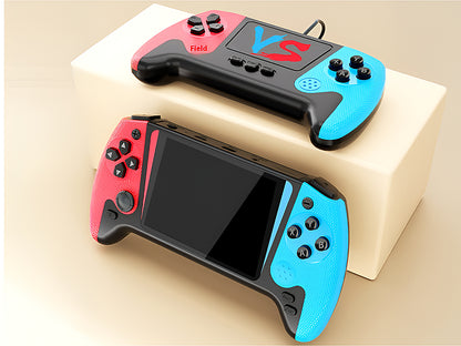 Retro handheld gaming device held in hand showing portable size