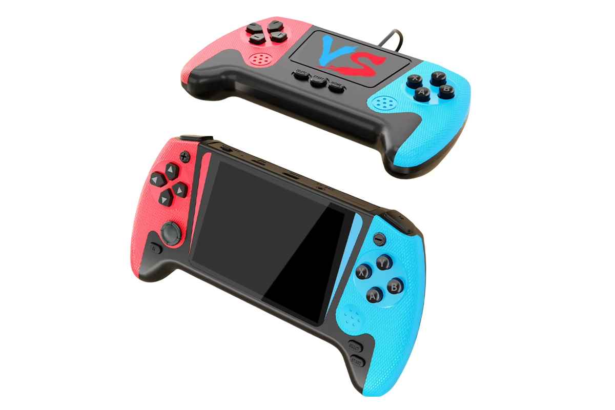 Close up of dual joystick on retro handheld gaming device