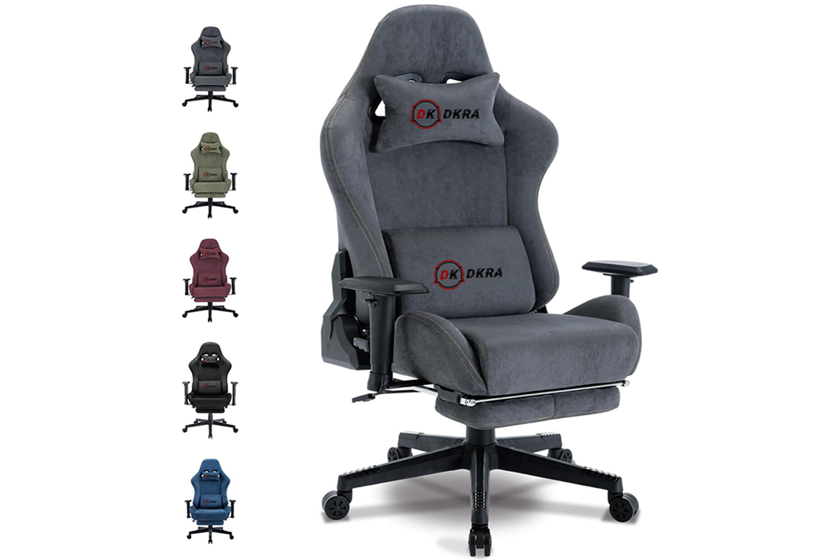 Front angle of DKRA gaming chair with cushioned back in faux suede