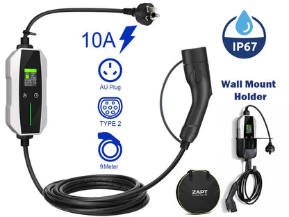 Close-up of Portable EV Charger Type 1 wall mount holder attached to garage wall