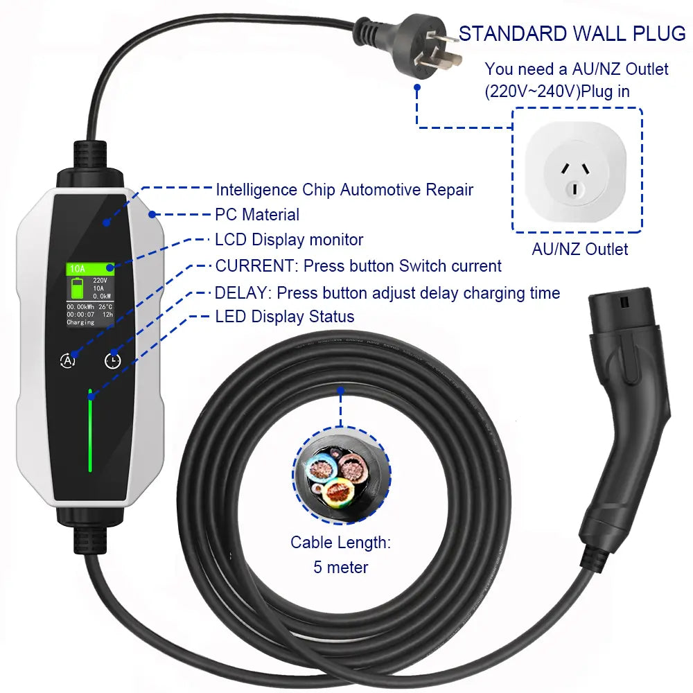 Smart EV Charger Type 2 - 2.3kW | 10A | 5Metre
