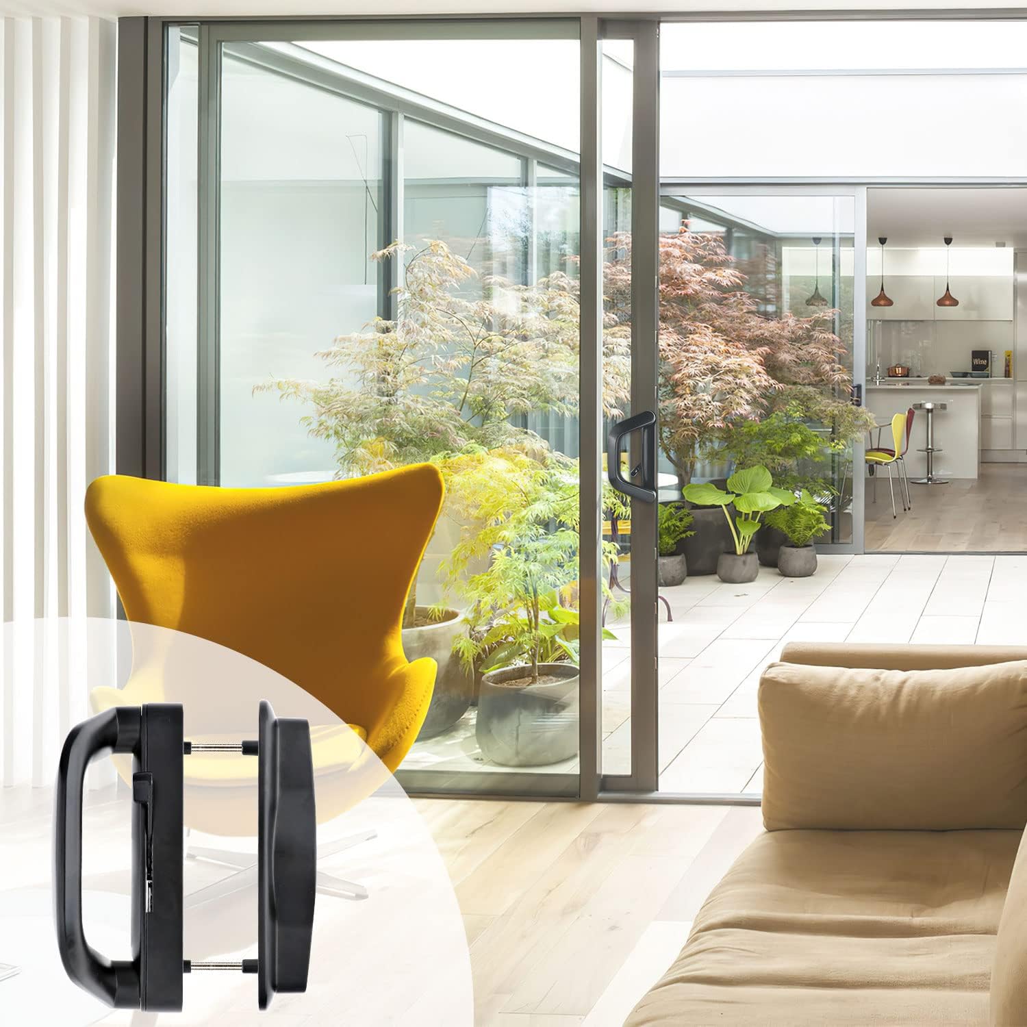 Sliding door handle mounted on balcony door frame