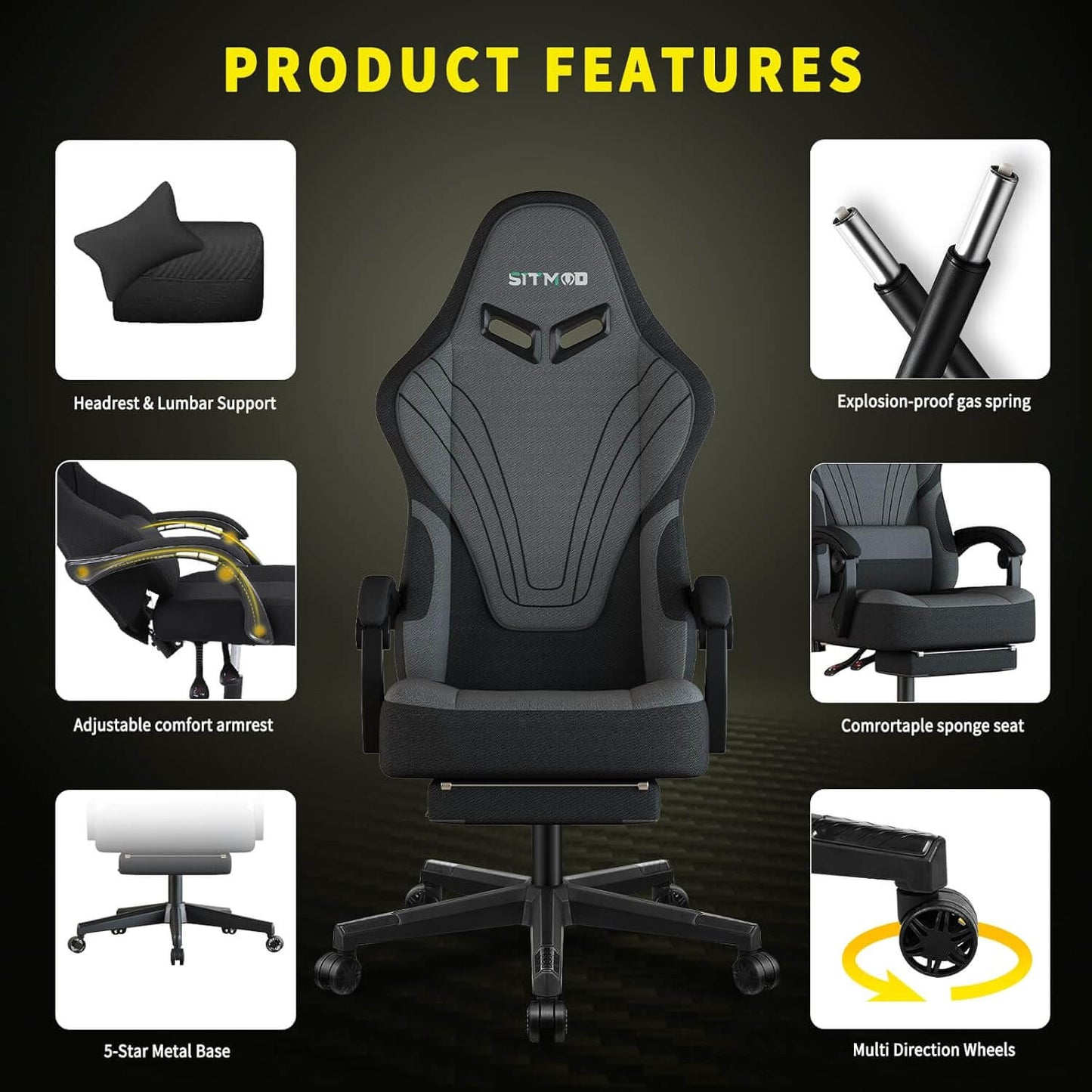 Gaming Chair with Headrest and Lumbar Support